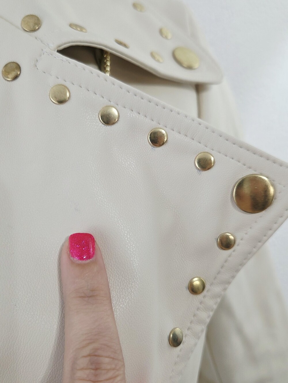 Chelsea Deboer cream faux leather biker jacket gold studded moto women's XL new - Picture 6 of 8